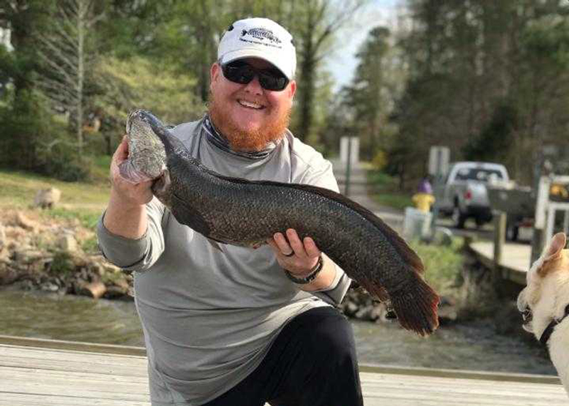 angler with a snakehead fish he caught