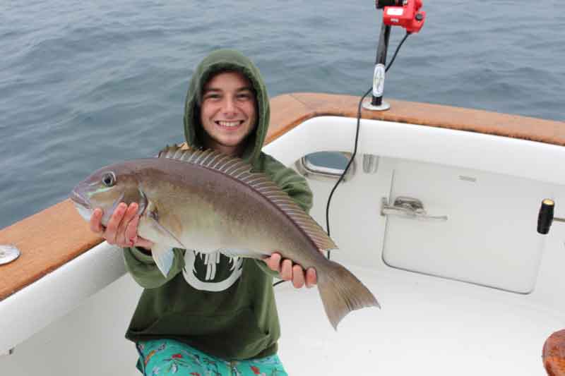 angler holds up a blueline tilefish