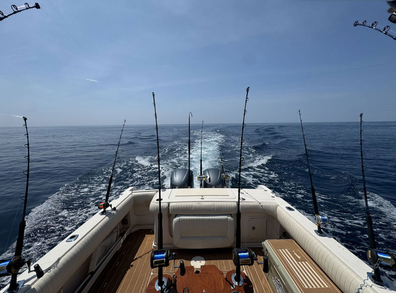 a boat trolling offshore